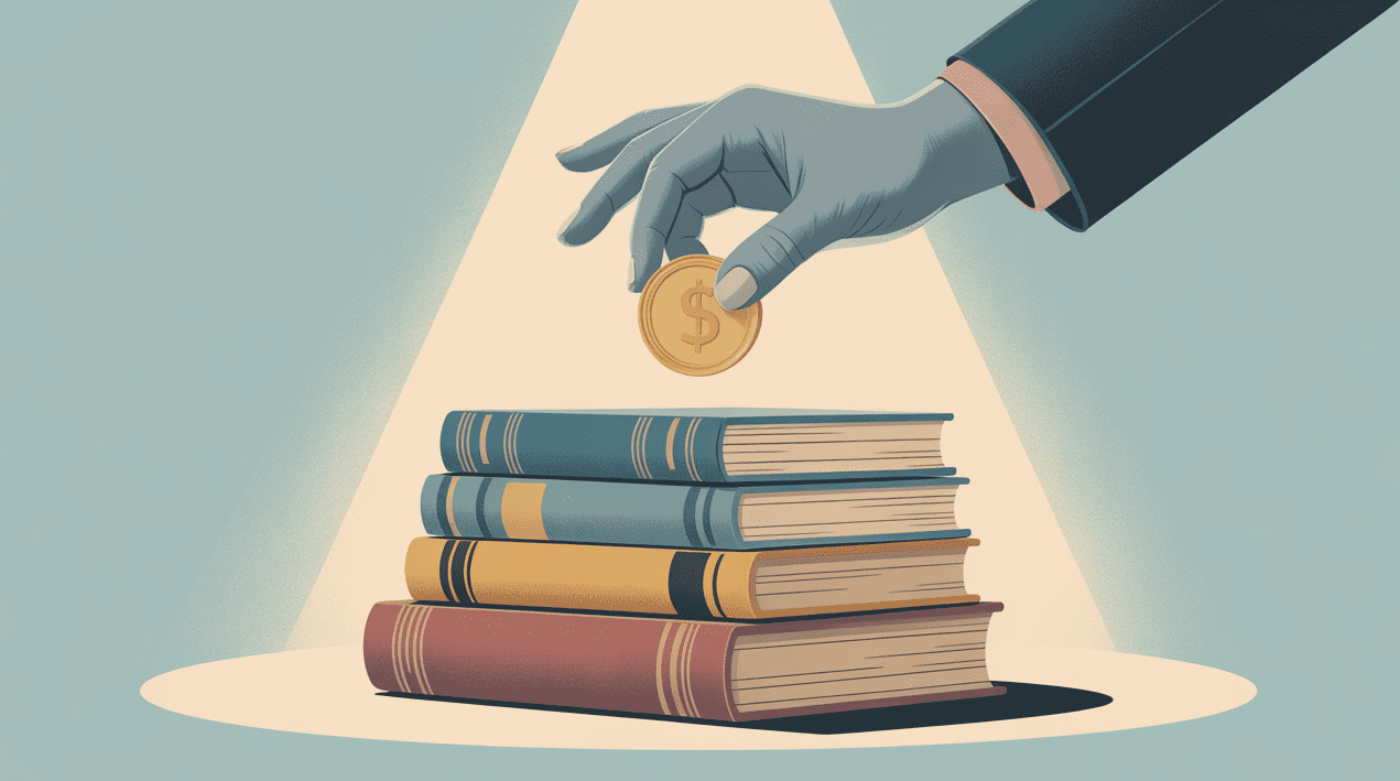 Stack of books under a spotlight with a coin above, symbolizing adjunct pay and income