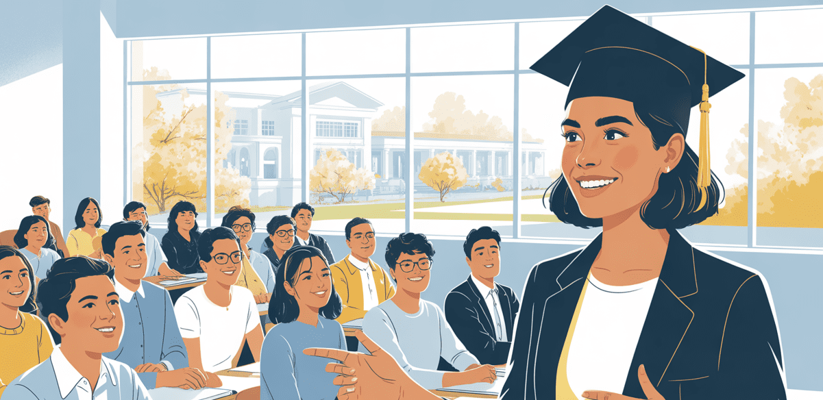 Do you need a PhD to teach college courses? An adjunct professor in a graduation cap teaches a college class.