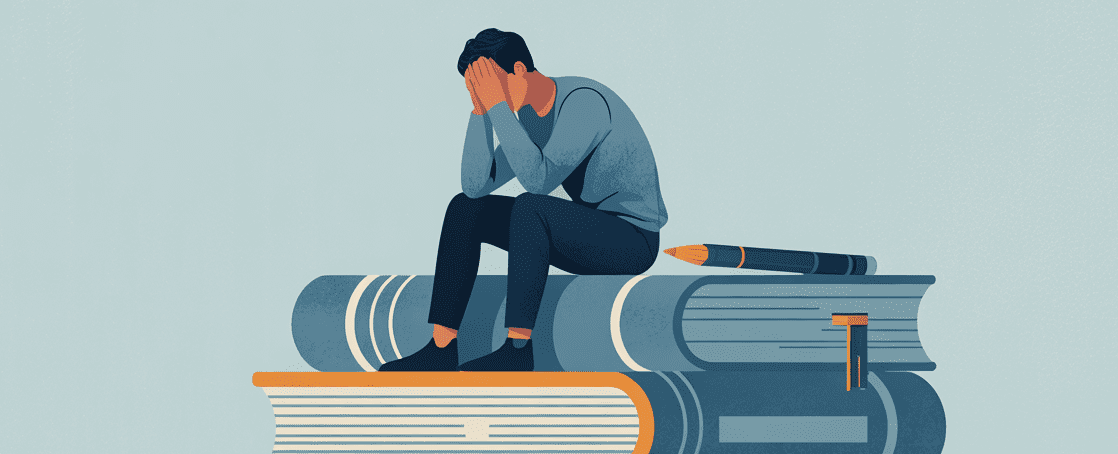 Overwhelmed adjunct instructor sitting on a stack of books with head in hands, symbolizing the hidden costs and burnout of adjunct teaching.